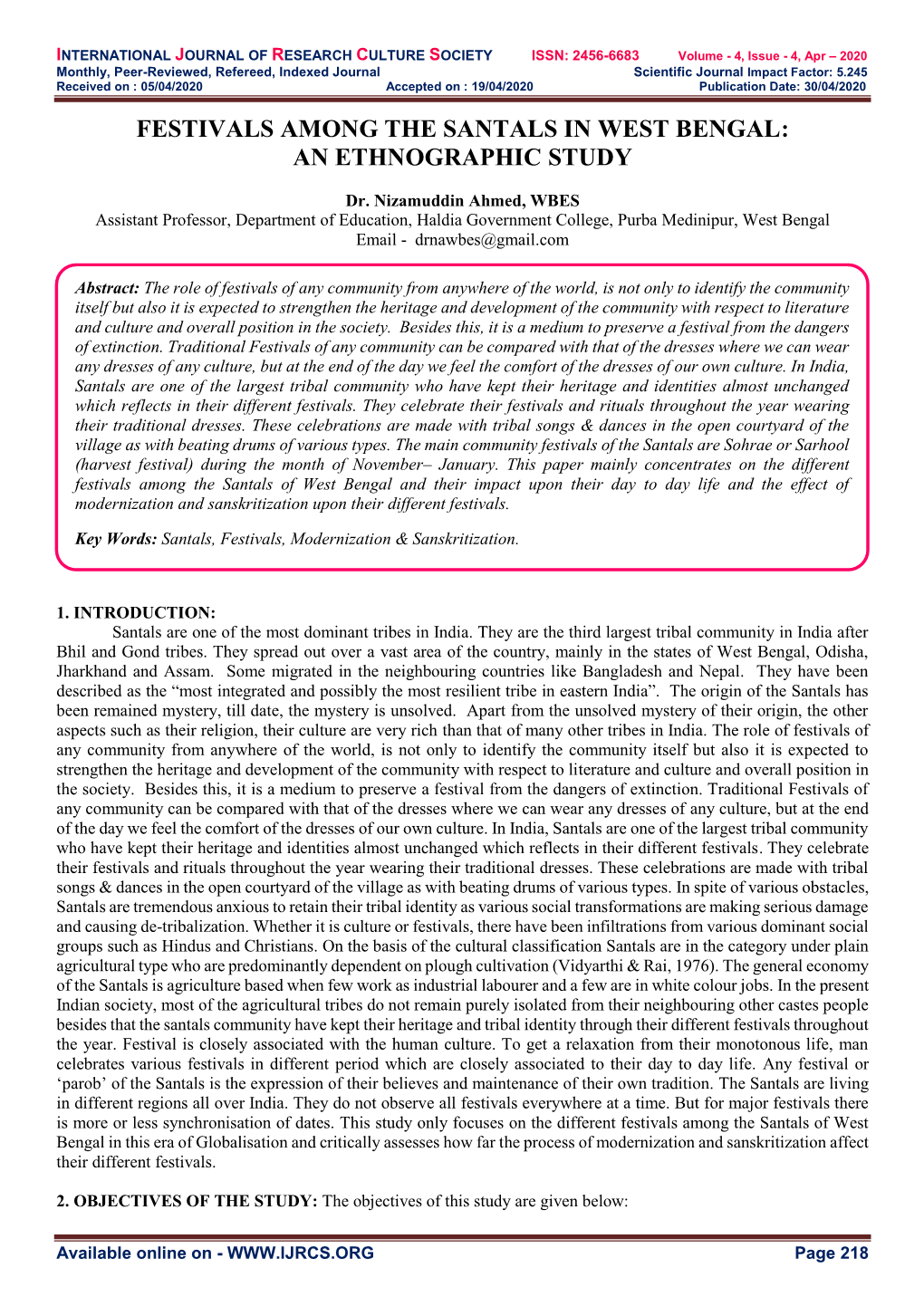 Festivals Among the Santals in West Bengal: an Ethnographic Study