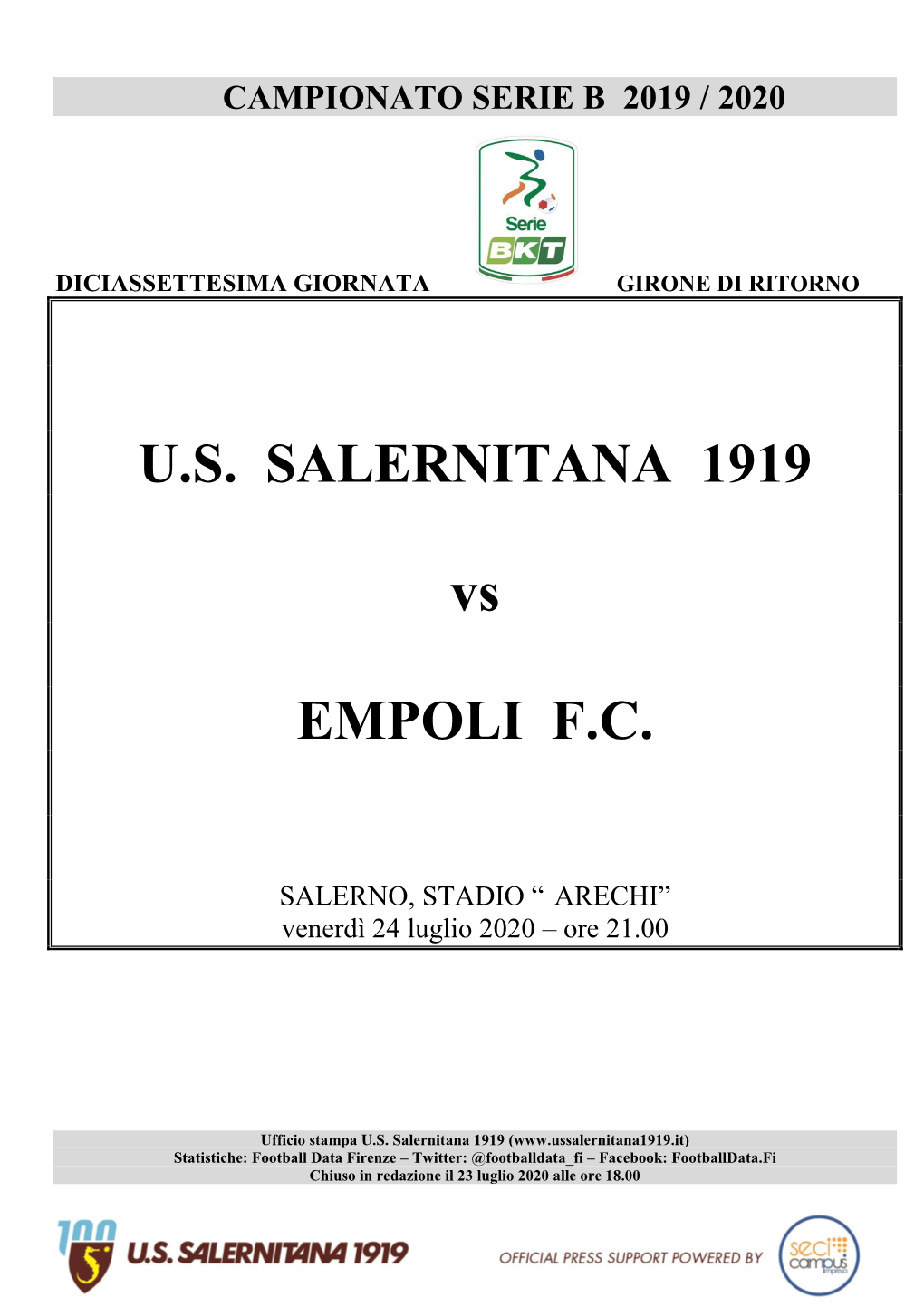 U.S. SALERNITANA 1919 Vs EMPOLI F.C