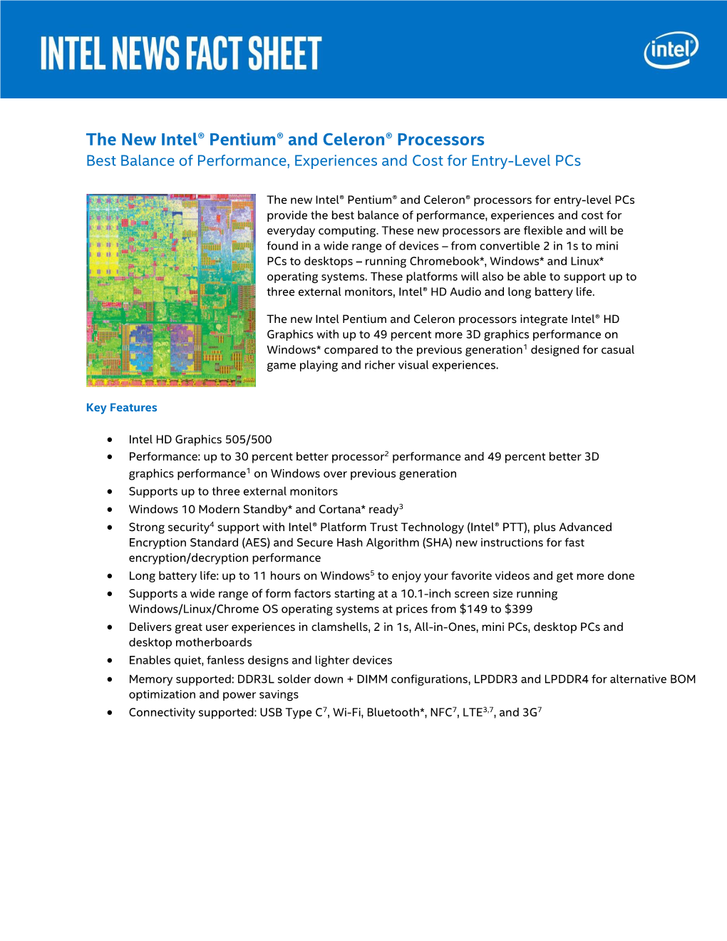 Fact Sheet: the New Intel® Pentium® and Celeron® Processors