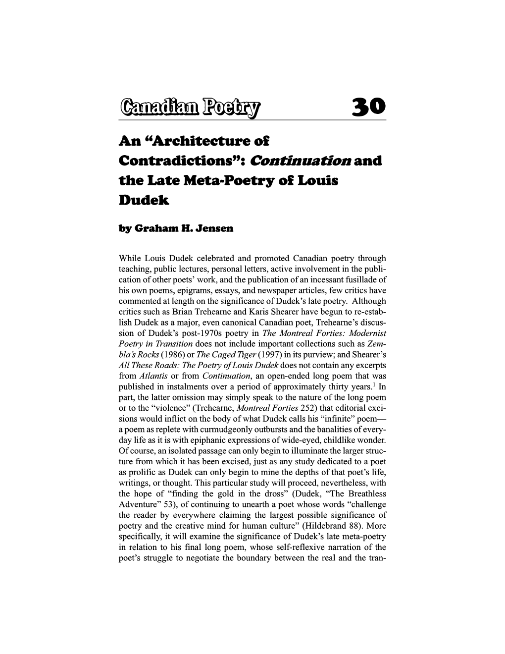 Contradictions": Cdlltinua6dii and the Late Meta-Poetry 01 Louis Dudek by Grabam H