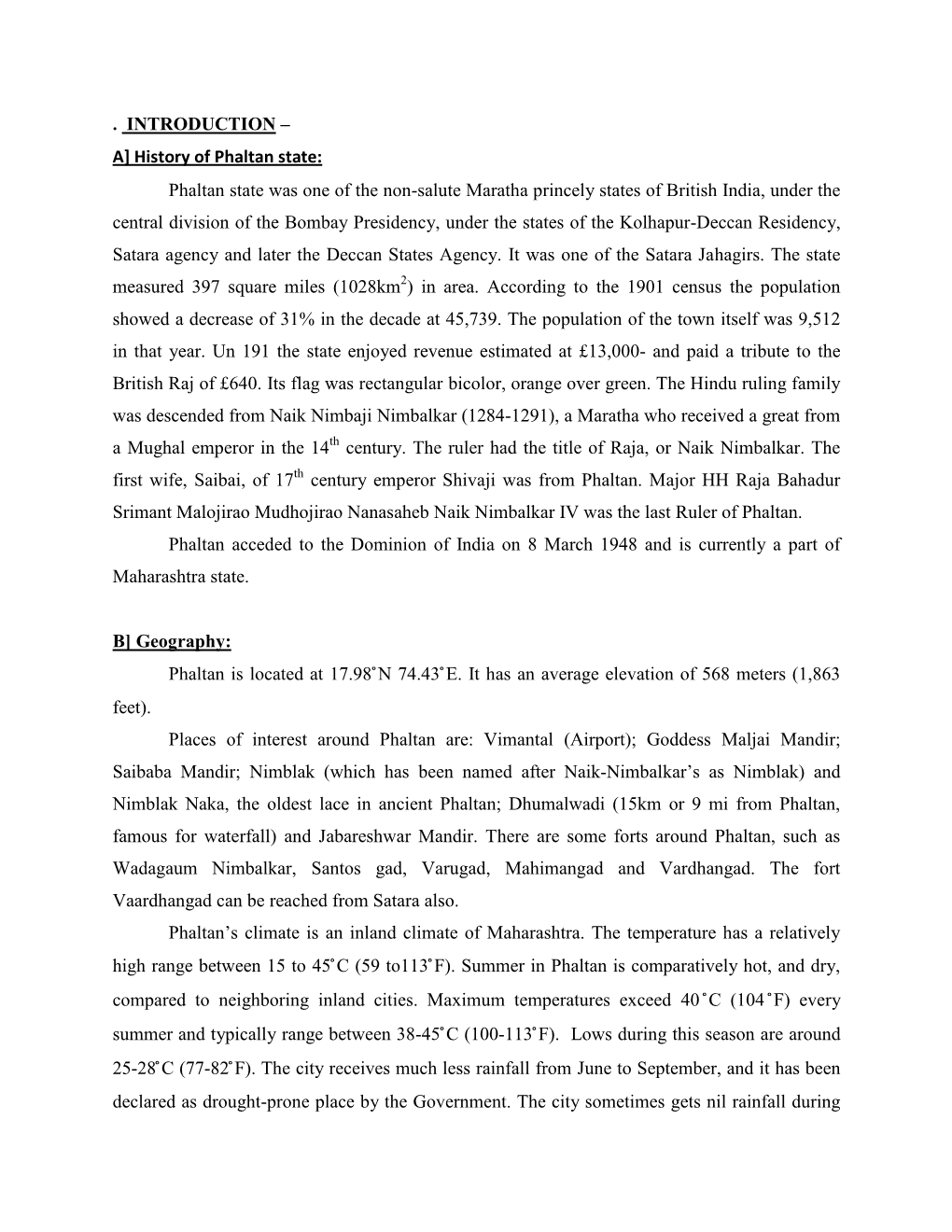 INTRODUCTION – A] History of Phaltan State: Phaltan State Was