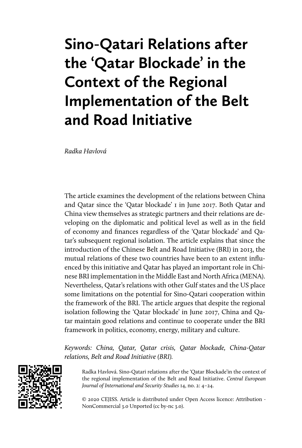 Qatar Blockade’ in the Context of the Regional Implementation of the Belt and Road Initiative