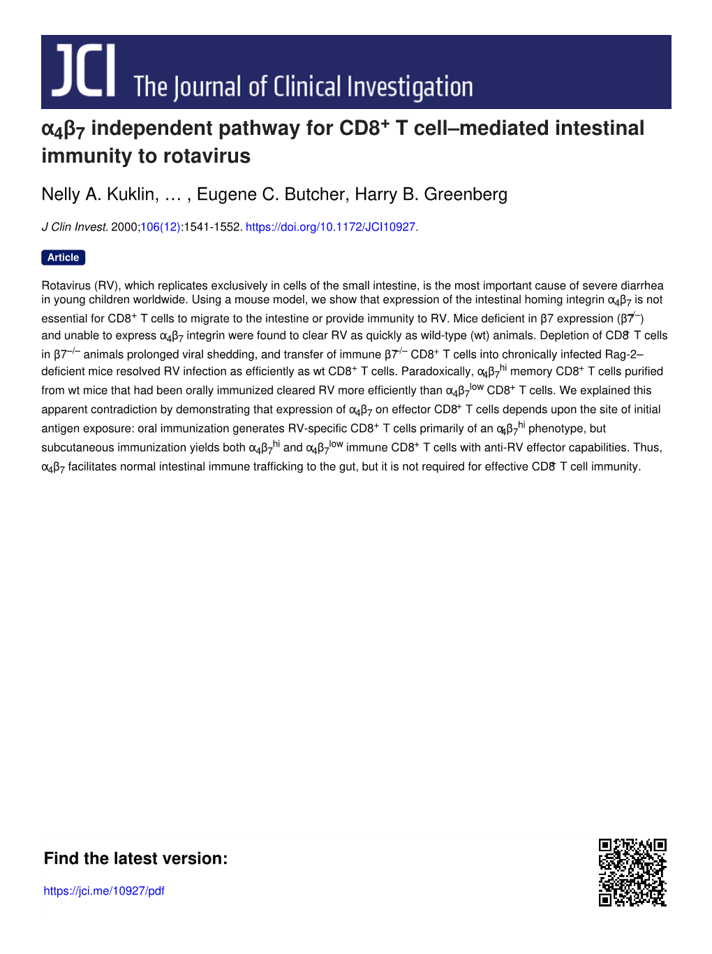 Α4 Β7 Independent Pathway for CD8 T Cell–Mediated Intestinal Immunity