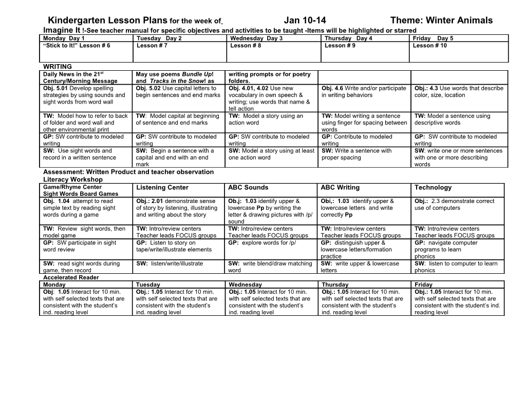 Kindergarten Lesson Plans For The Week Of ___