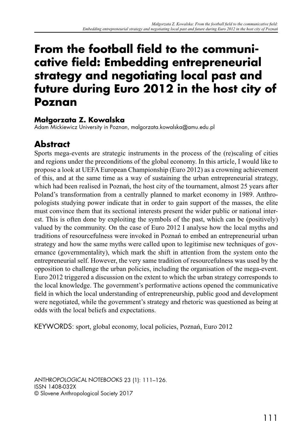 Embedding Entrepreneurial Strategy and Negotiating Local Past and Future During Euro 2012 in the Host City of Poznań