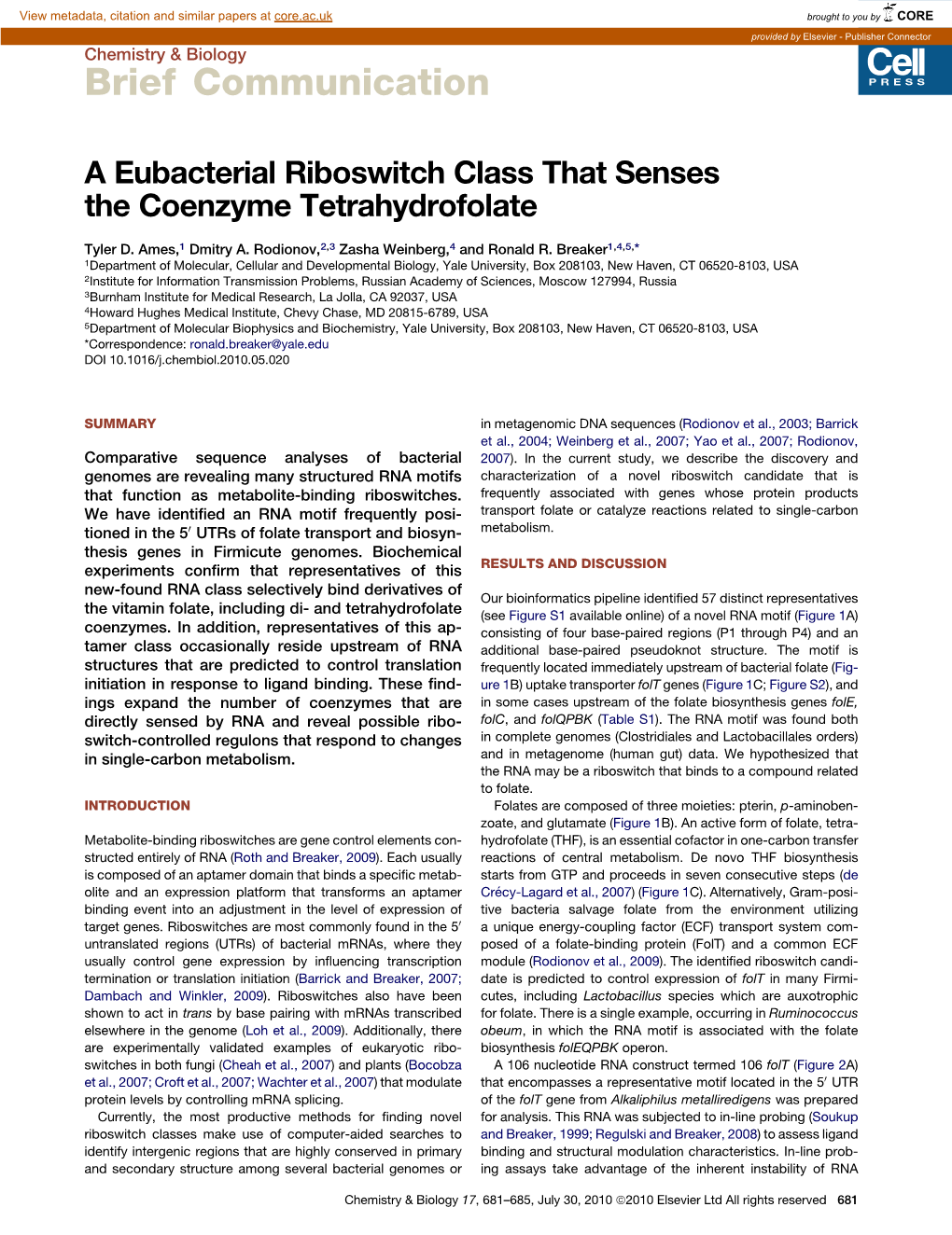 A Eubacterial Riboswitch Class That Senses the Coenzyme