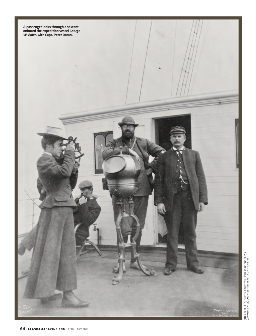 A Passenger Looks Through a Sextant Onboard the Expedition Vessel George W. Elder, with Capt. Peter Doran. (THIS PAGE) E