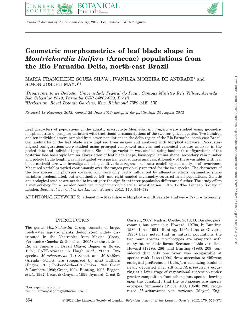 Geometric Morphometrics of Leaf Blade Shape in Montrichardia Linifera (Araceae) Populations from the Rio Parnaba Delta, Northeas