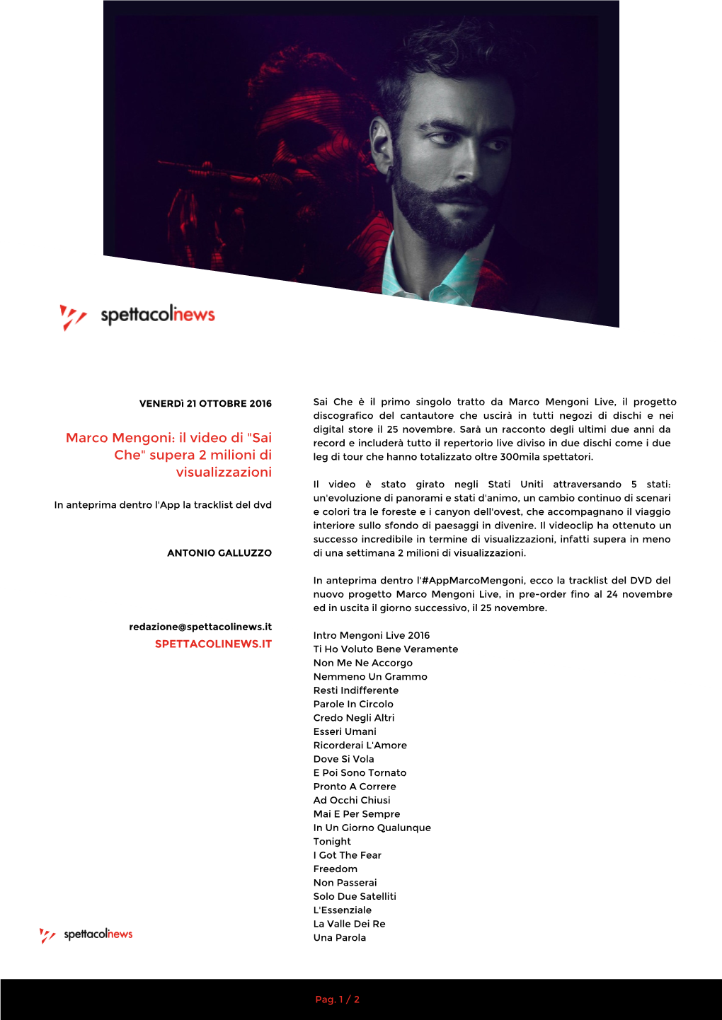 Marco Mengoni Live, Il Progetto Discografico Del Cantautore Che Uscirà in Tutti Negozi Di Dischi E Nei Digital Store Il 25 Novembre