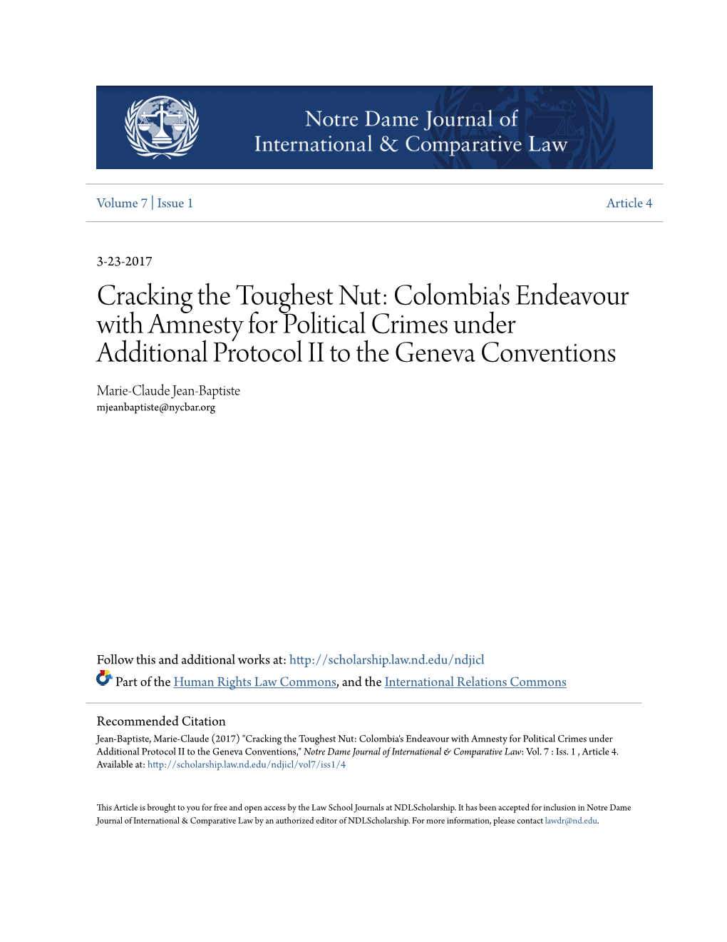 Colombia's Endeavour with Amnesty for Political Crimes Under Additional Protocol II to the Geneva Conventions Marie-Claude Jean-Baptiste Mjeanbaptiste@Nycbar.Org