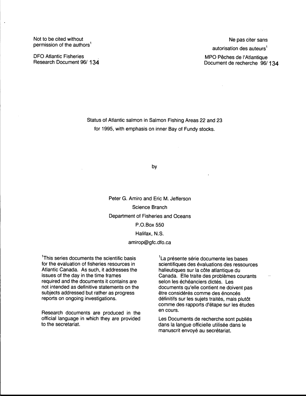 Status of Atlantic Salmon in Salmon Fishing Areas 22 and 23 for 1995, with Emphasis on Inner Bay of Fundy Stocks