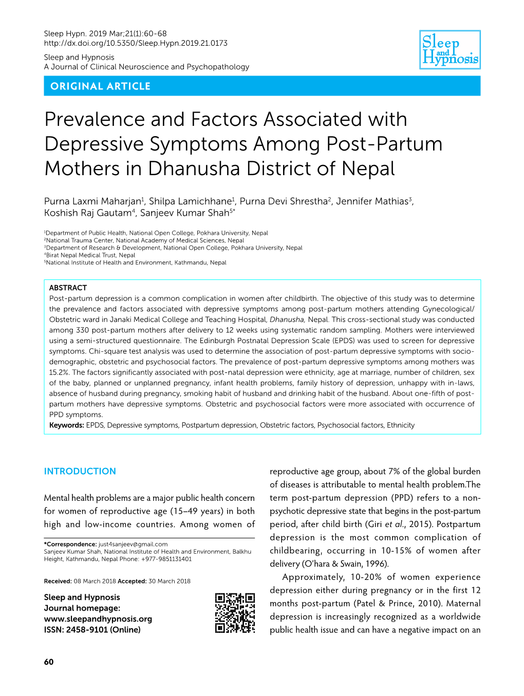 Prevalence and Factors Associated with Depressive Symptoms Among Post-Partum Mothers in Dhanusha District of Nepal