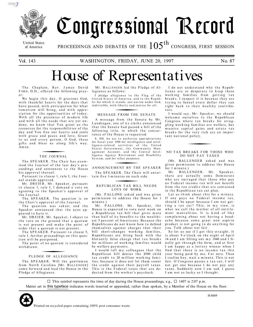 Congressional Record United States Th of America PROCEEDINGS and DEBATES of the 105 CONGRESS, FIRST SESSION