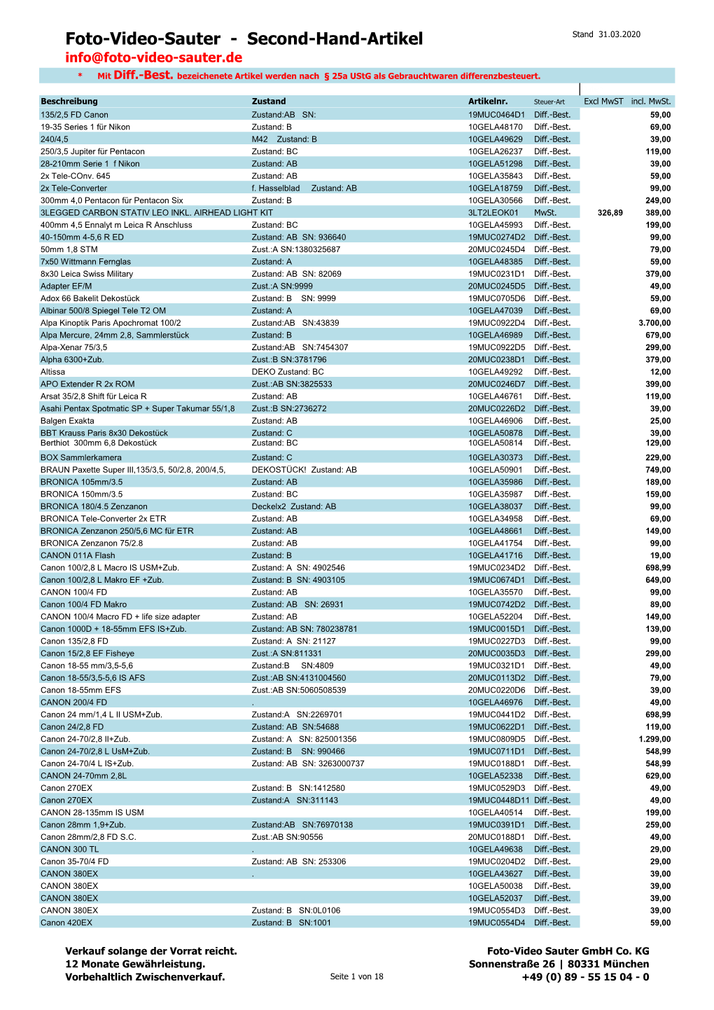 Second-Hand-Artikel Stand 31.03.2020 Info@Foto-Video-Sauter.De * Mit Diff.-Best