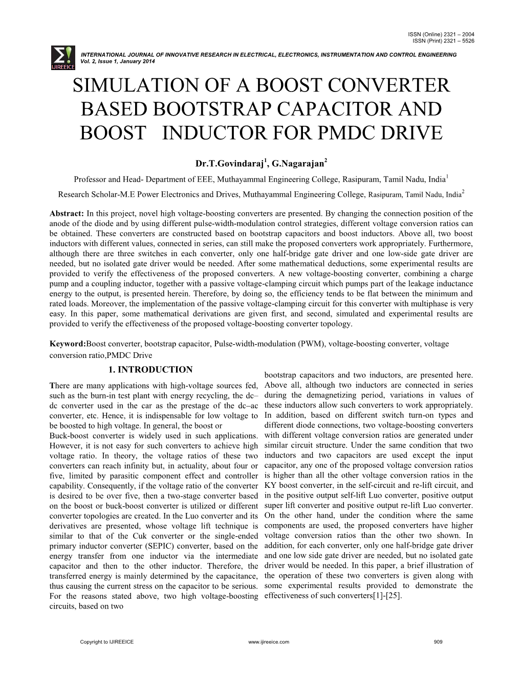 Simulation of a Boost Converter Based Bootstrap Capacitor and Boost Inductor for Pmdc Drive