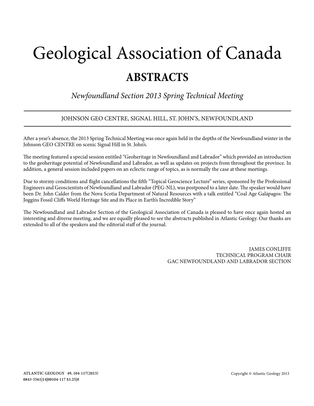 Geological Association of Canada ABSTRACTS Newfoundland Section 2013 Spring Technical Meeting