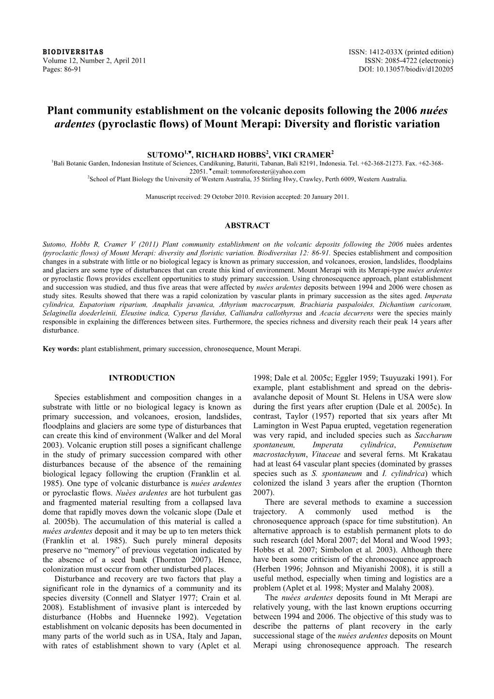 Plant Community Establishment on the Volcanic Deposits Following the 2006 Nuées Ardentes (Pyroclastic Flows) of Mount Merapi: Diversity and Floristic Variation