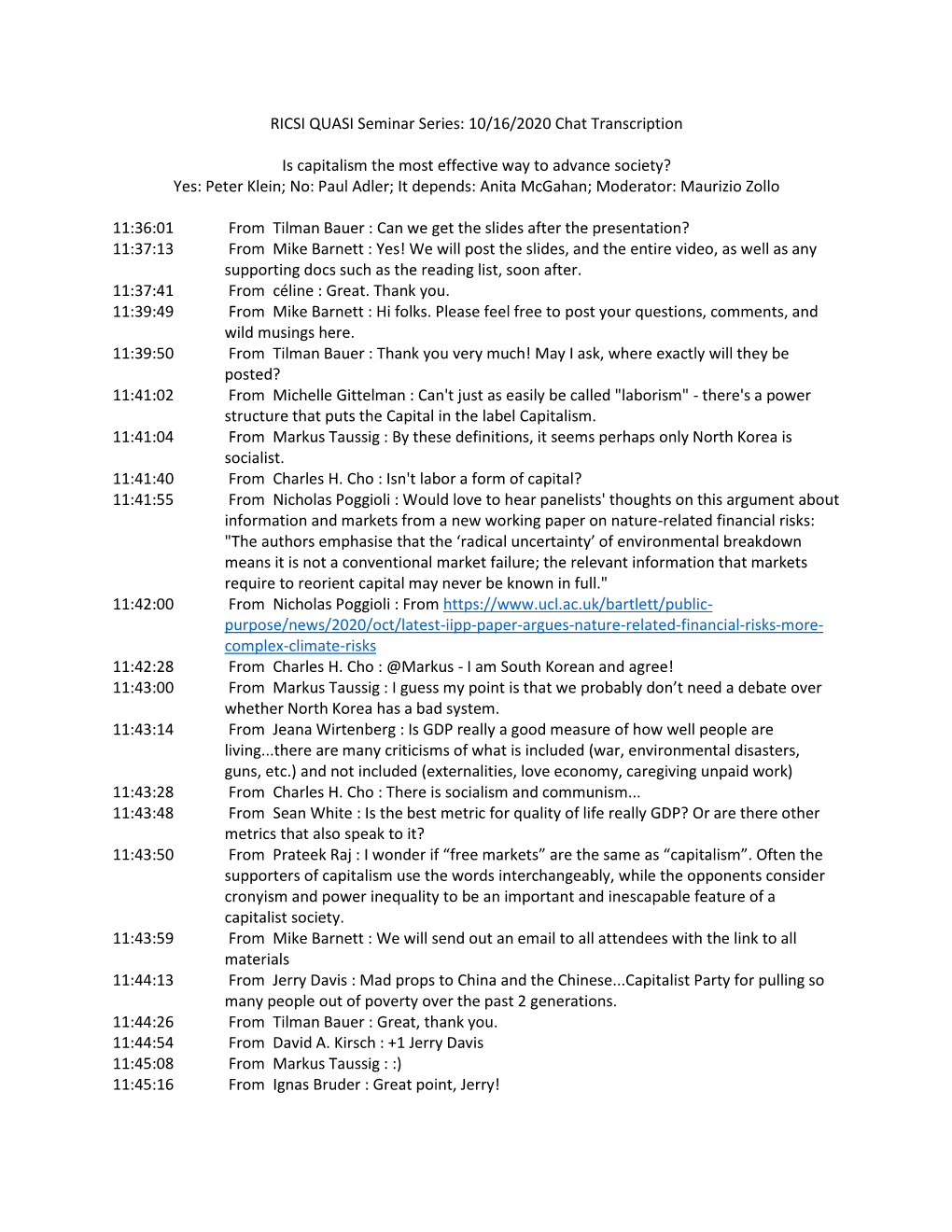 RICSI QUASI Seminar Series: 10/16/2020 Chat Transcription