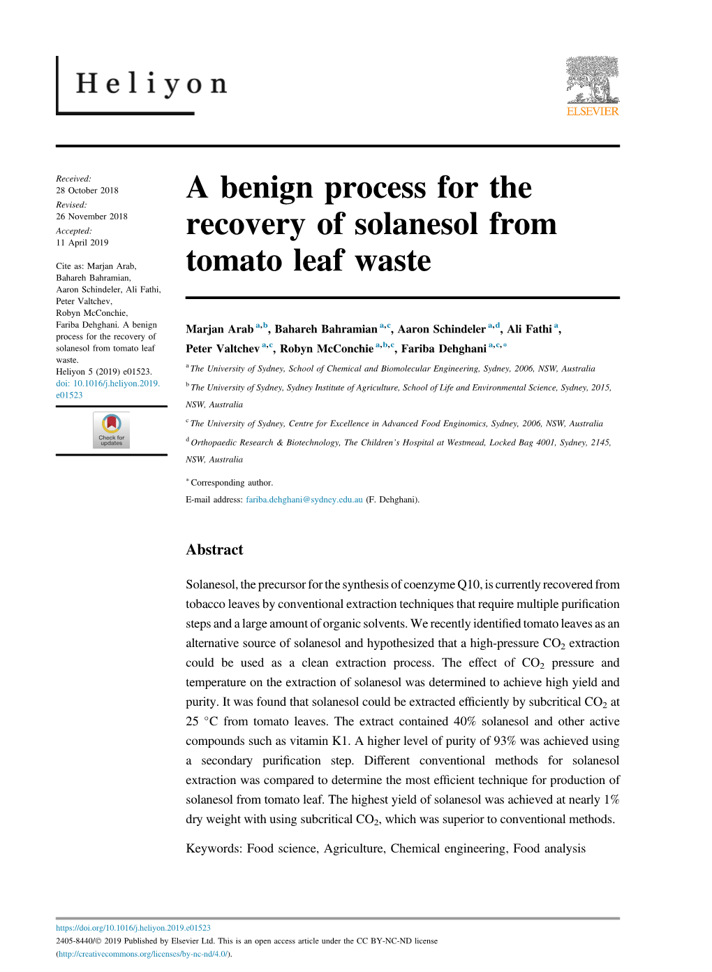 A Benign Process for the Recovery of Solanesol from Tomato Leaf Waste