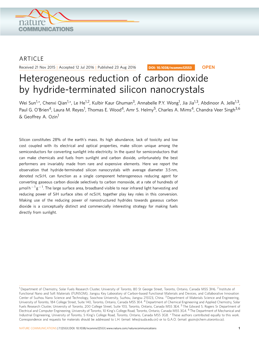 Heterogeneous Reduction of Carbon Dioxide by Hydride-Terminated Silicon Nanocrystals