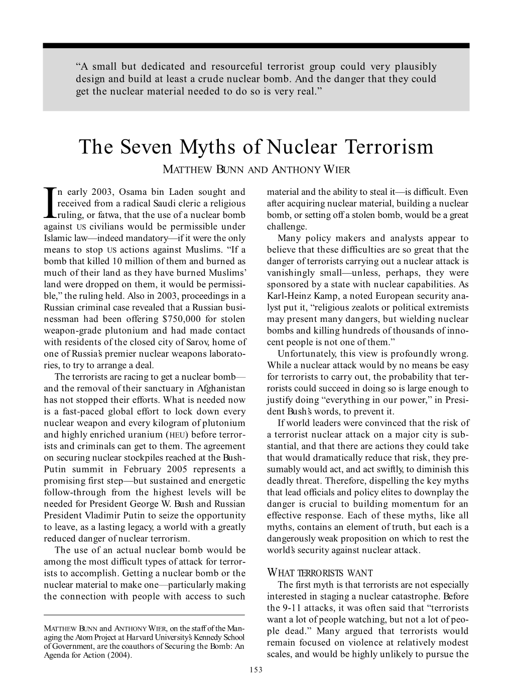 The Seven Myths of Nuclear Terrorism MATTHEW BUNN and ANTHONY WIER