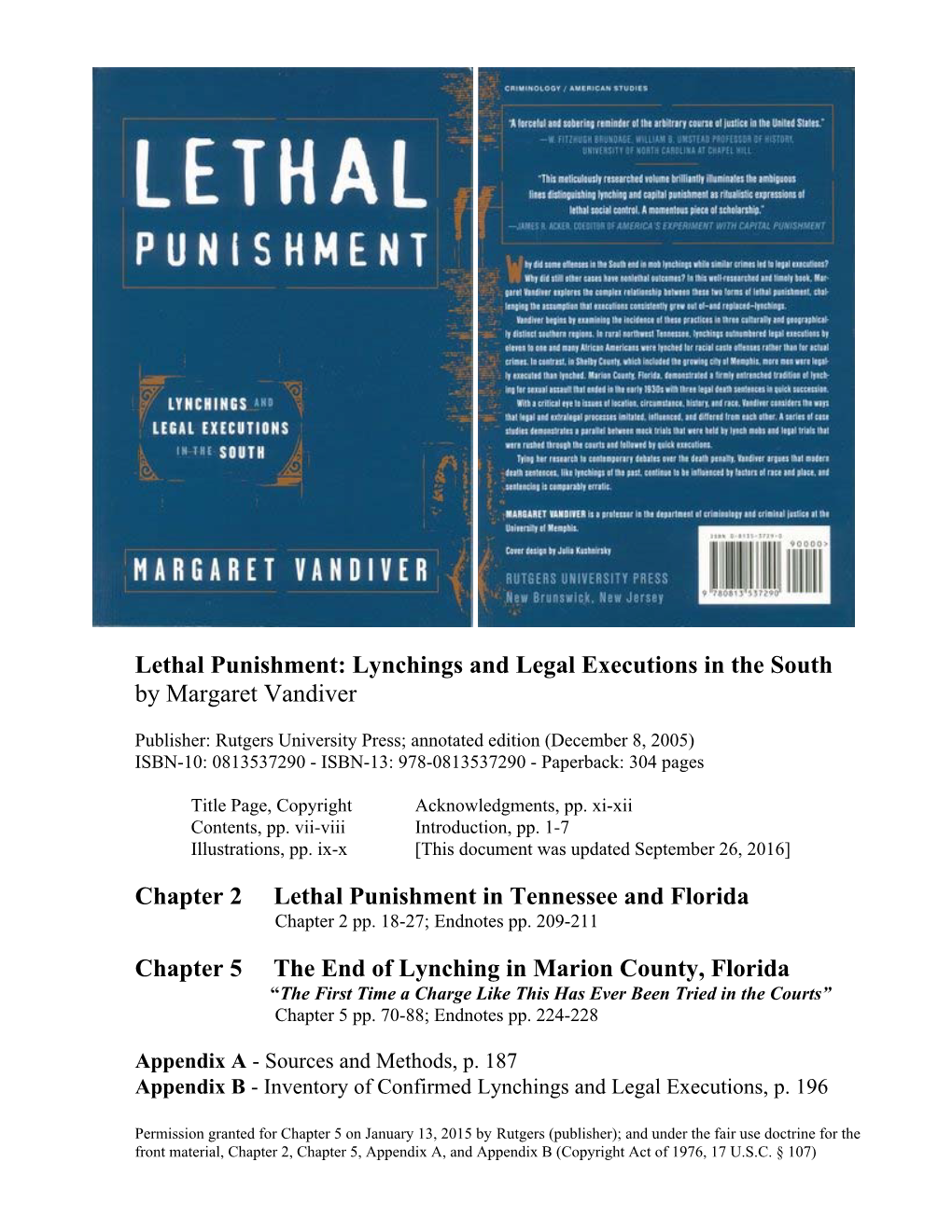 Lethal Punishment: Lynchings and Legal Executions in the South by Margaret Vandiver