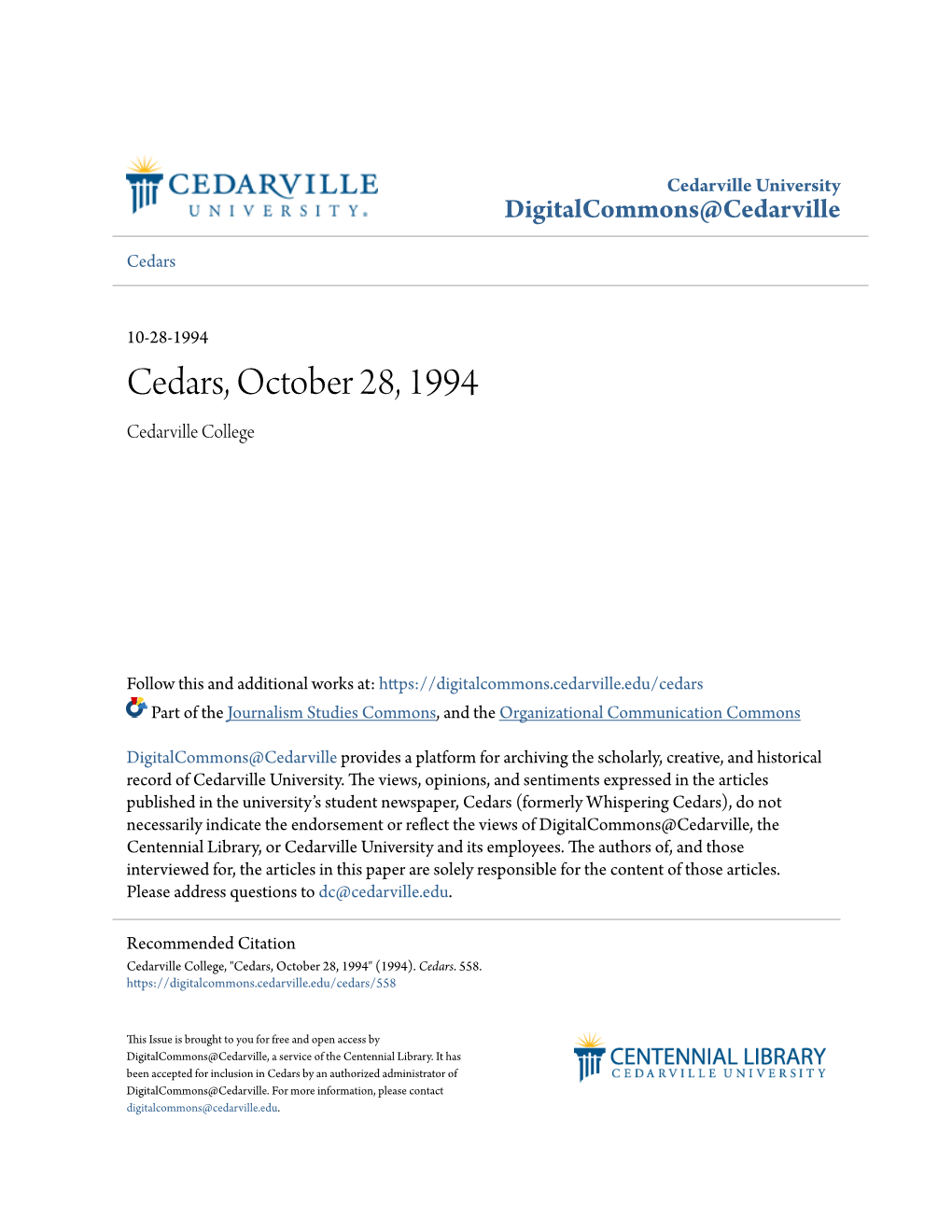 Cedars, October 28, 1994 Cedarville College