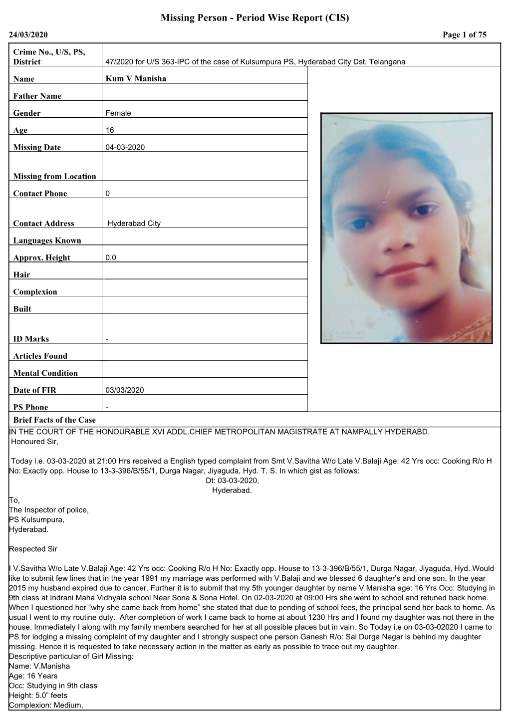Missing Person - Period Wise Report (CIS) 24/03/2020 Page 1 of 75
