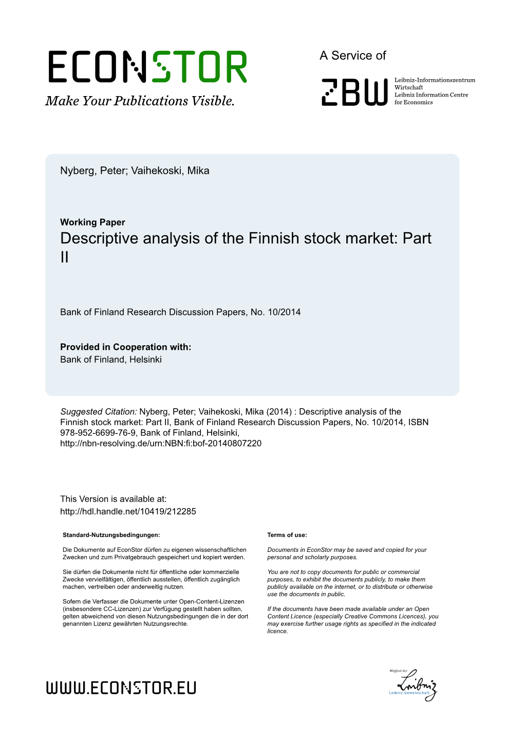 Descriptive Analysis of the Finnish Stock Market: Part II