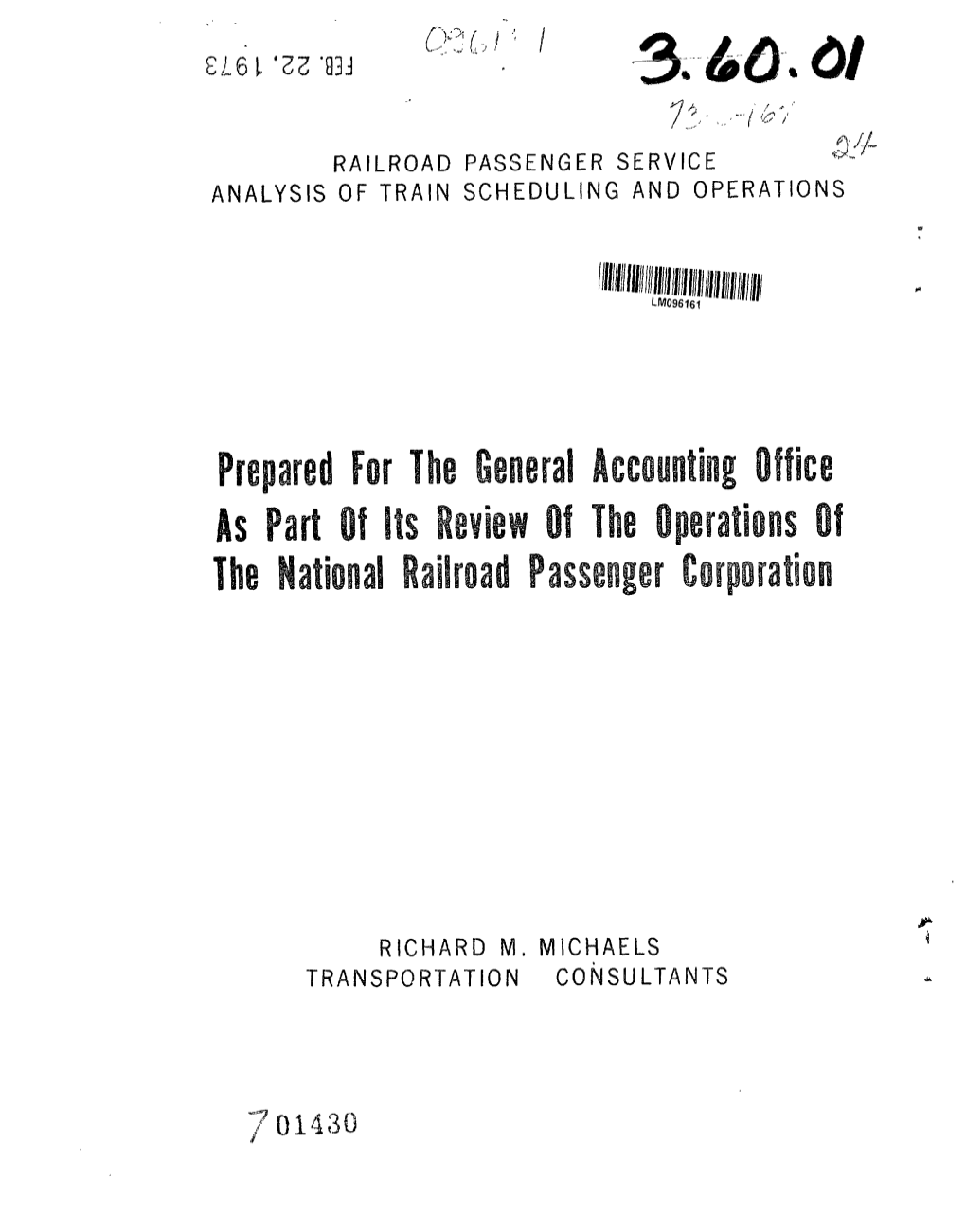 B-175155 Railroad Passenger Service--Analysis of Train Scheduling and Operations