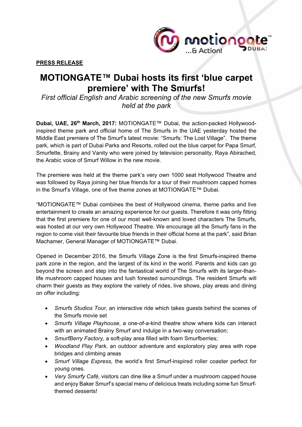 MOTIONGATE™ Dubai Hosts Its First 'Blue Carpet Premiere'