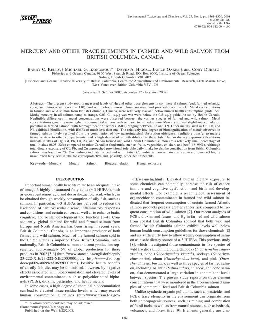 Mercury and Other Trace Elements in Farmed and Wild Salmon from British Columbia, Canada