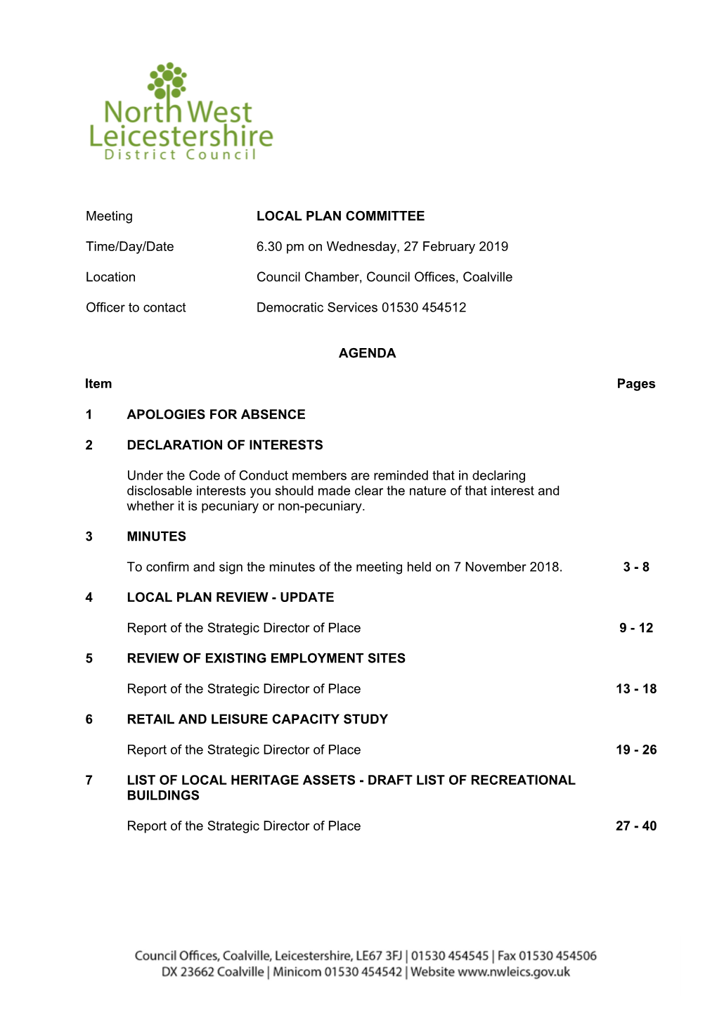 (Public Pack)Agenda Document for Local Plan Committee, 27/02/2019