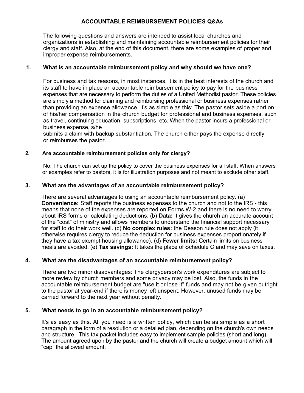 ACCOUNTABLE REIMBURSEMENT POLICIES Q&As