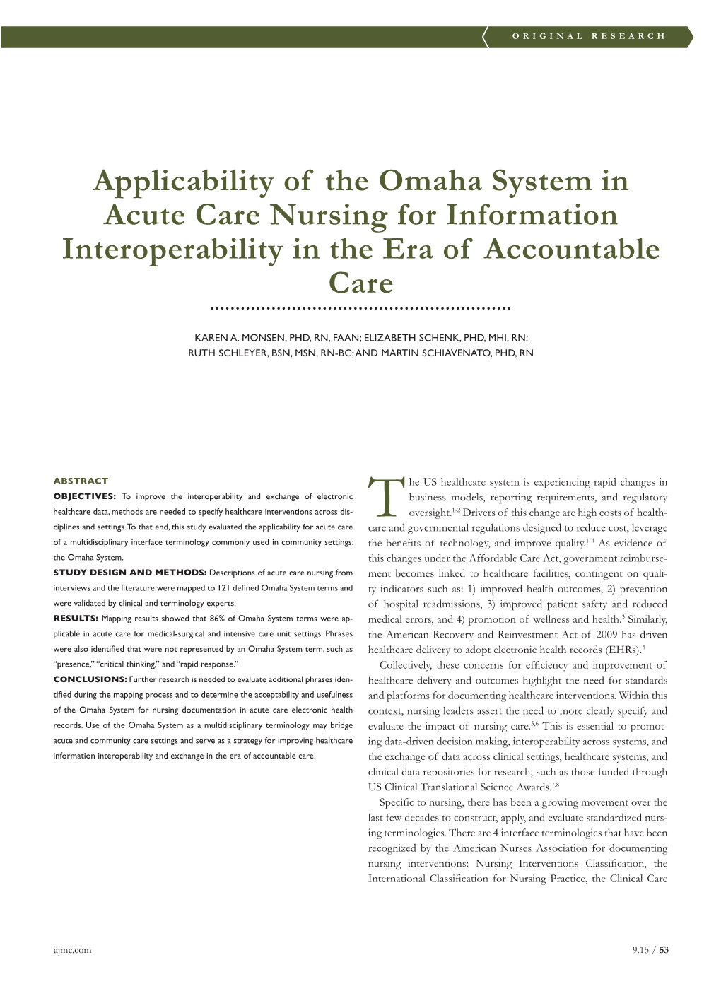 Applicability of the Omaha System in Acute Care Nursing for Information Interoperability in the Era of Accountable Care