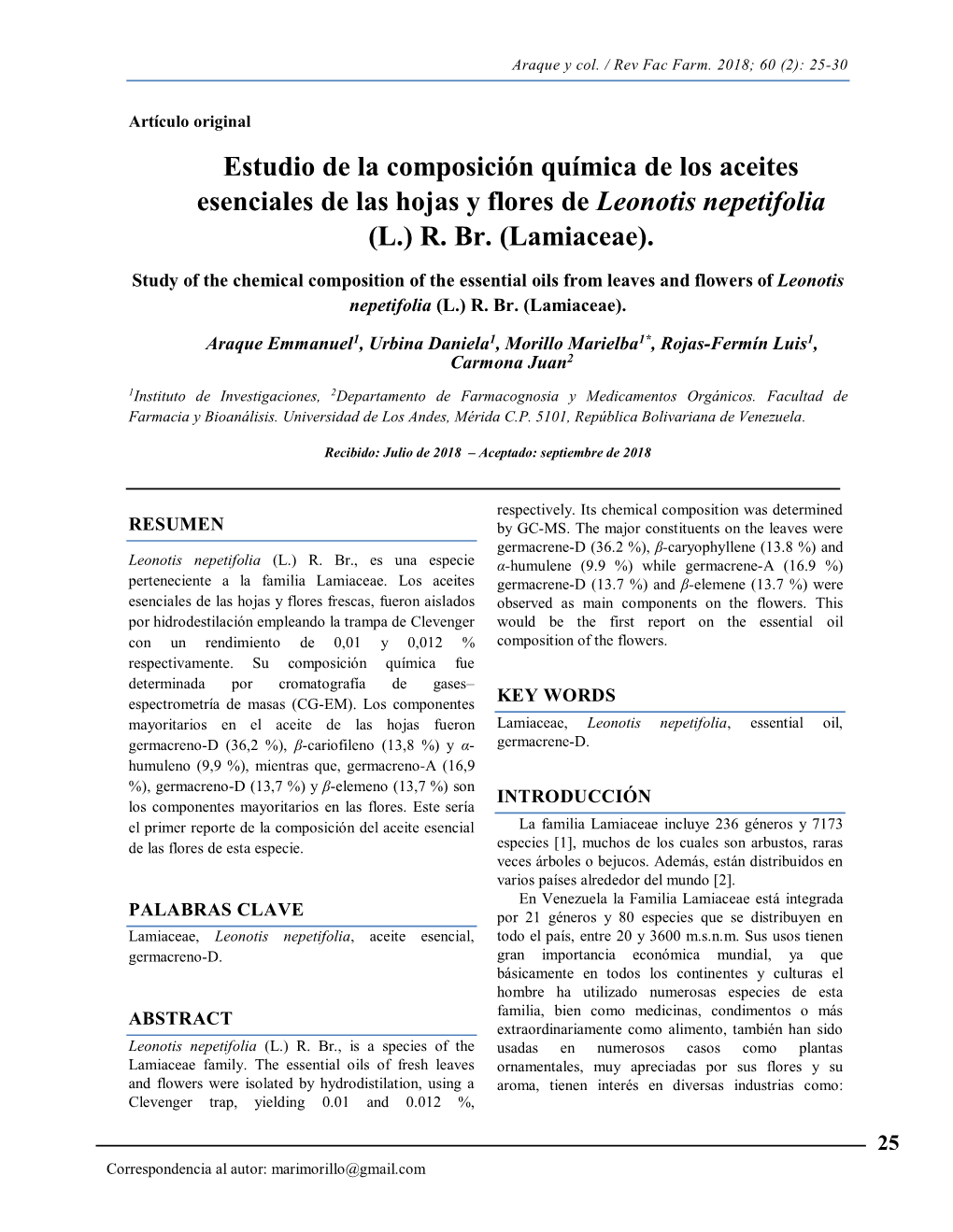 Estudio De La Composición Química De Los Aceites Esenciales De Las Hojas Y Flores De Leonotis Nepetifolia (L.) R