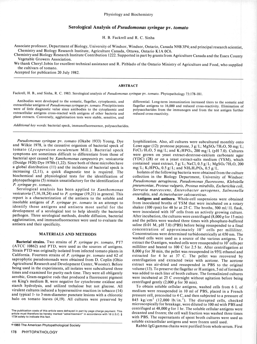 Serological Analysis of Pseudomonas Syringae Pv. Tomato