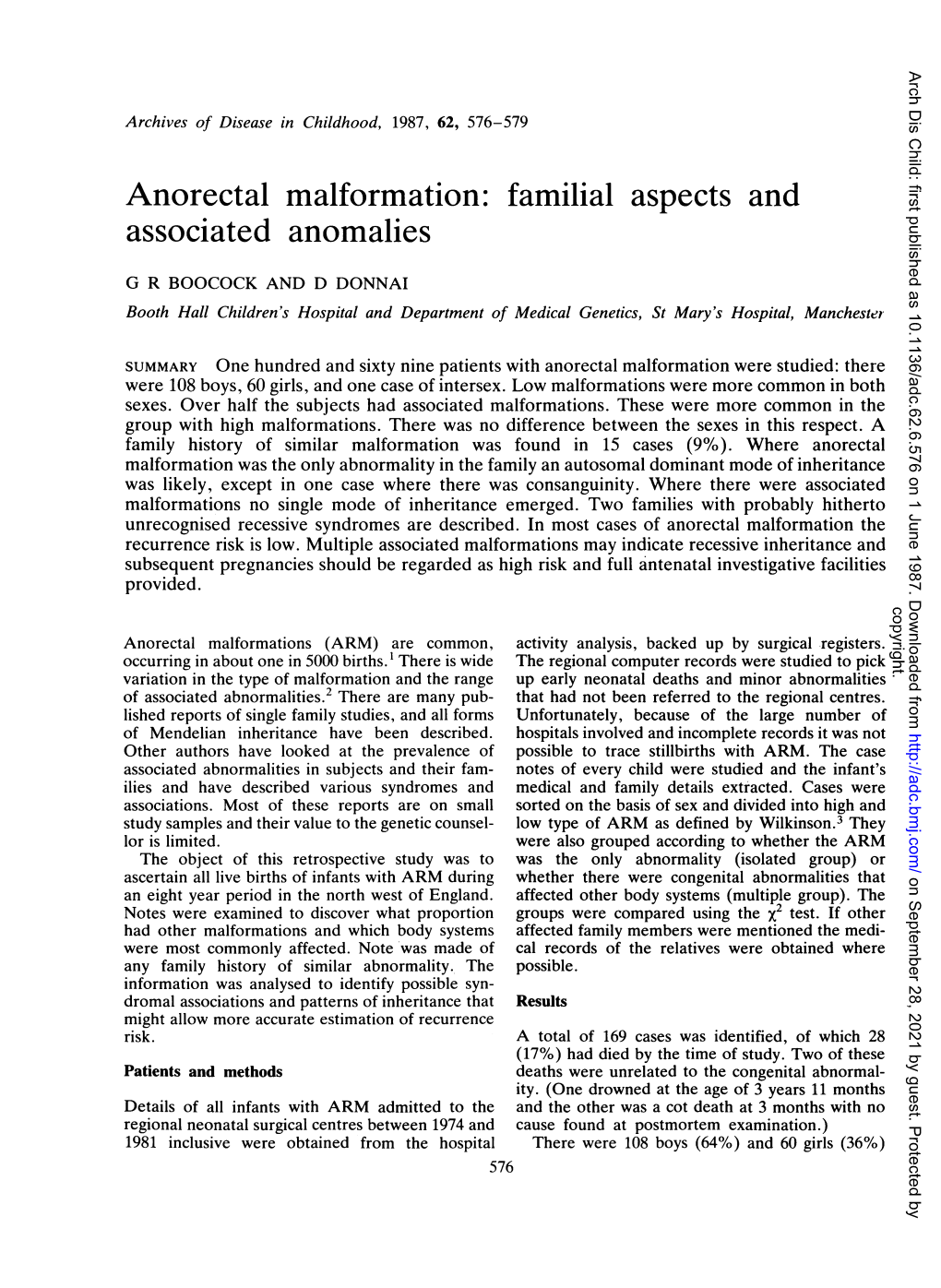 Anorectal Malformation: Familial Aspects and Associated Anomalies