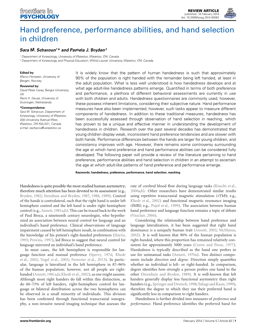 Hand Preference, Performance Abilities, and Hand Selection in Children