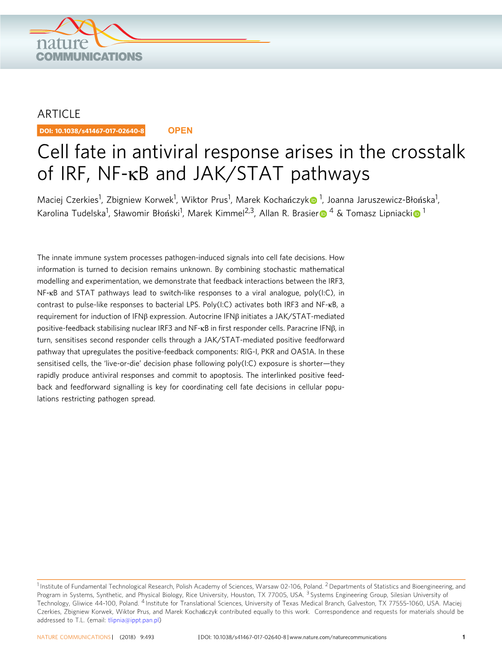 Cell Fate in Antiviral Response Arises in the Crosstalk of IRF, NF-Оєb And