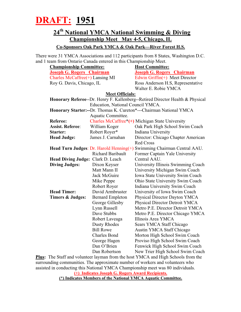 DRAFT: 1951 24Th National YMCA National Swimming & Diving Championship Meet May 4-5, Chicago, IL