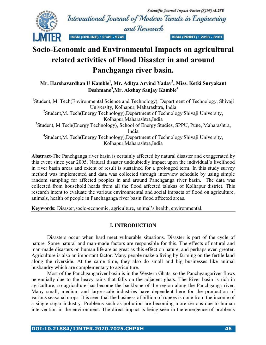 Socio-Economic and Environmental Impacts on Agricultural Related Activities of Flood Disaster in and Around Panchganga River Basin