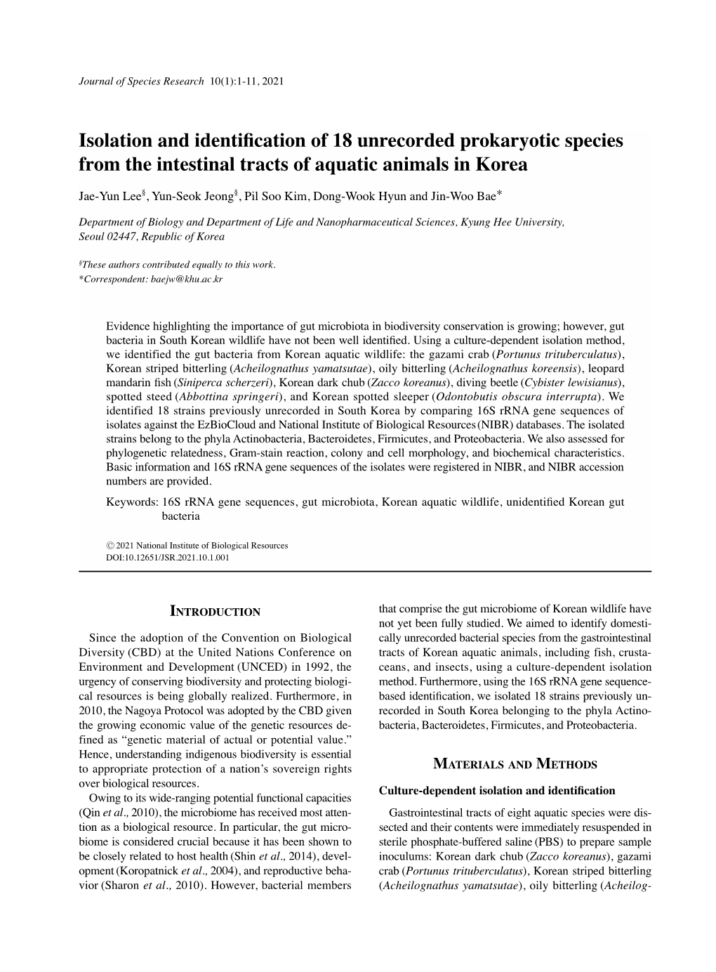 Isolation and Identification of 18 Unrecorded Prokaryotic Species from the Intestinal Tracts of Aquatic Animals in Korea