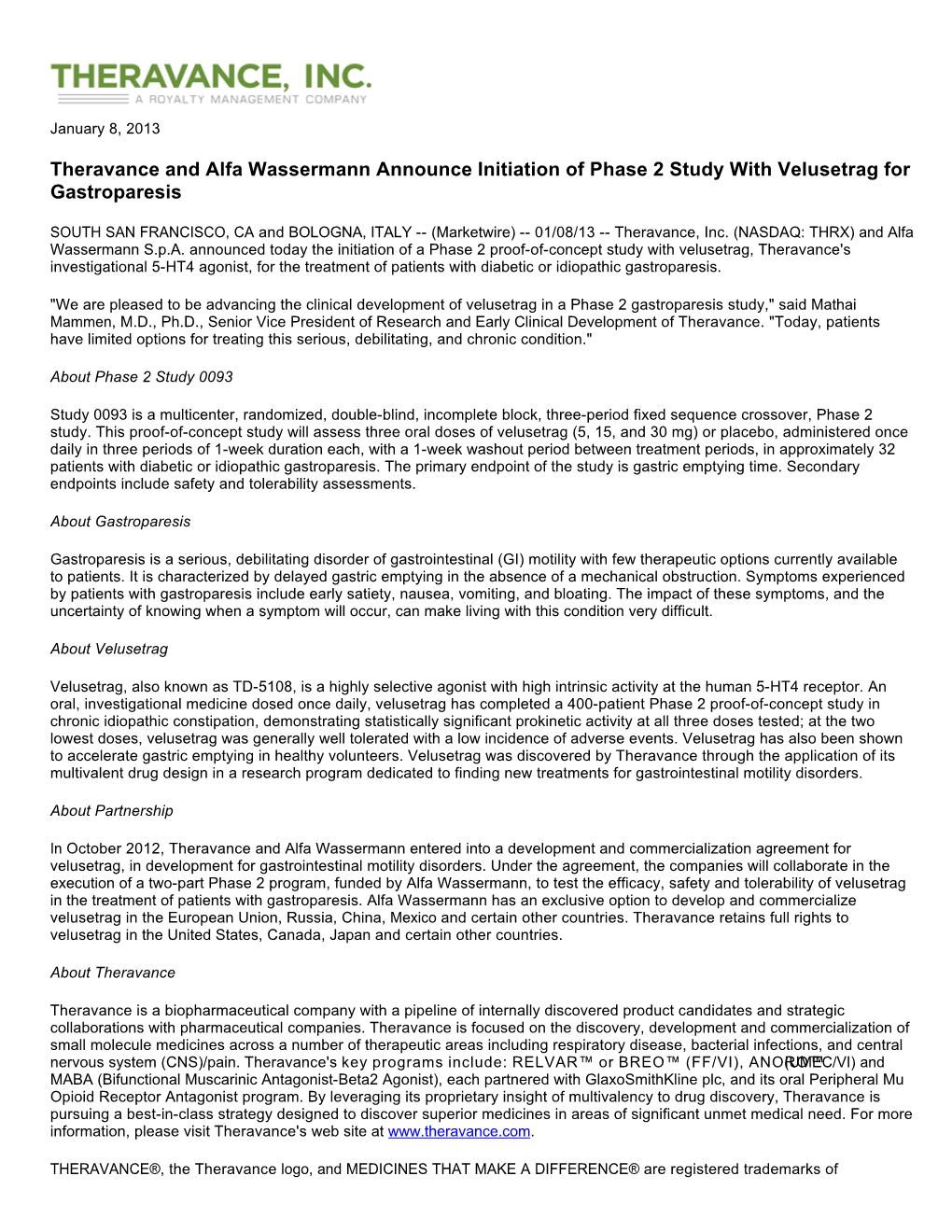 Theravance and Alfa Wassermann Announce Initiation of Phase 2 Study with Velusetrag for Gastroparesis