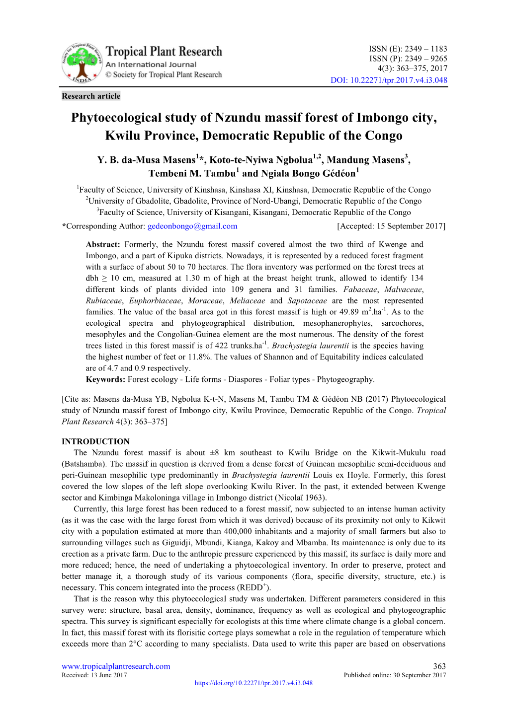 Phytoecological Study of Nzundu Massif Forest of Imbongo City, Kwilu Province, Democratic Republic of the Congo