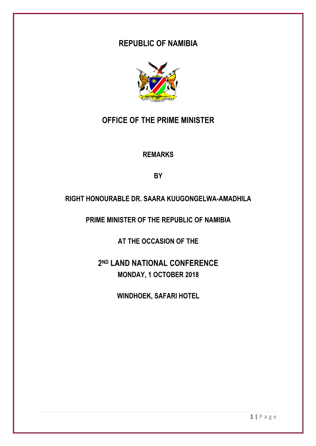 Republic of Namibia Office of the Prime Minister 2Nd Land