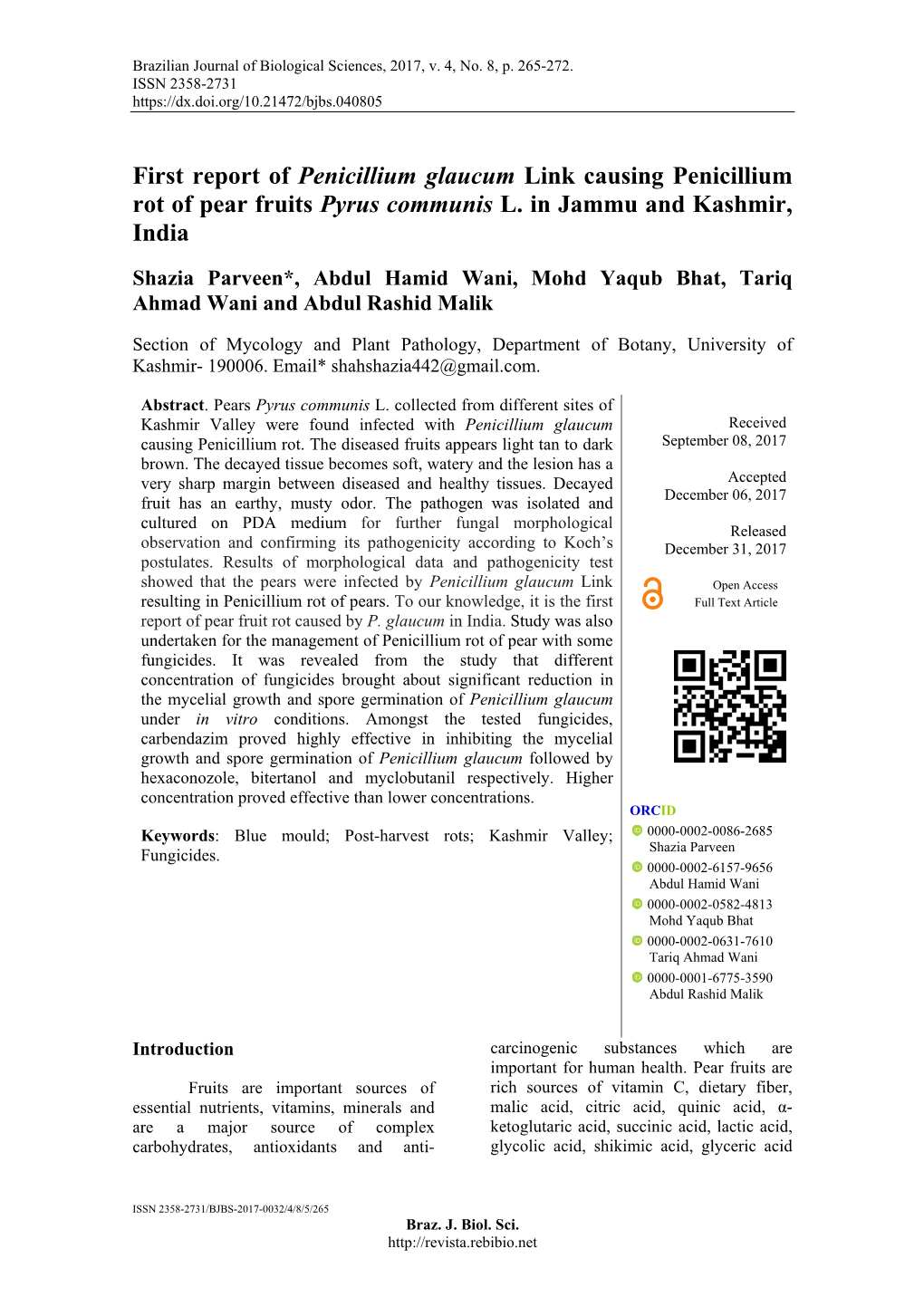 First Report of Penicillium Glaucum Link Causing Penicillium Rot of Pear Fruits Pyrus Communis L