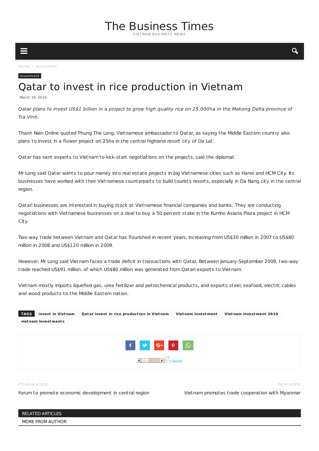 Qatar to Invest in Rice Production in Vietnam