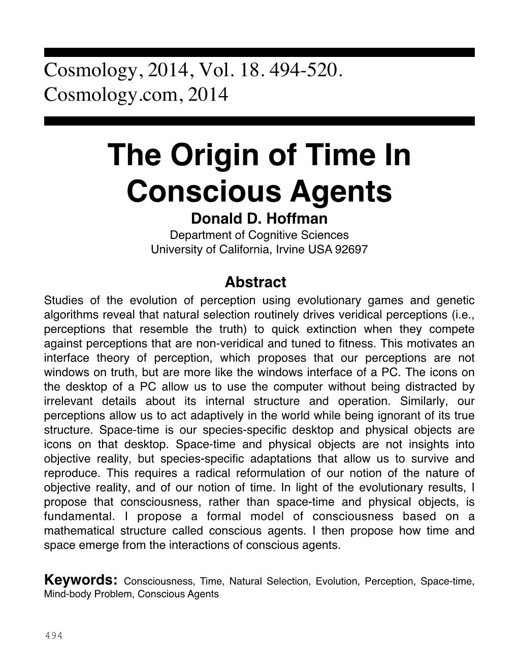The Origin of Time in Conscious Agents Donald D