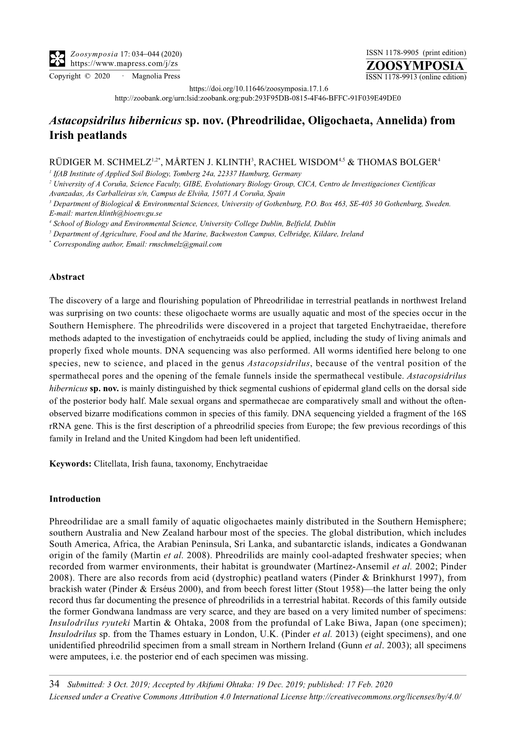 Astacopsidrilus Hibernicus Sp. Nov. (Phreodrilidae, Oligochaeta, Annelida) from Irish Peatlands